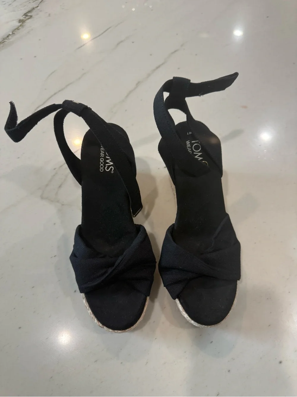Toms Black Knotted Espadrille Wedge Sandals with Ankle Wrap